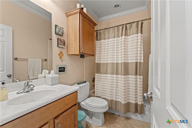 bathroom featuring crown molding, shower / bathtub combination with curtain, toilet, vanity, and tile patterned floors