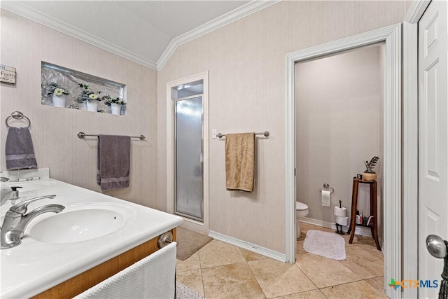 bathroom featuring lofted ceiling, toilet, a sink, a shower stall, and tile patterned floors