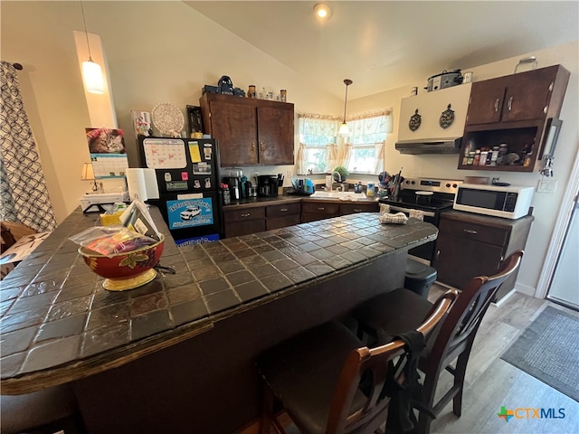 kitchen featuring pendant lighting, tile counters, dark brown cabinets, and vaulted ceiling