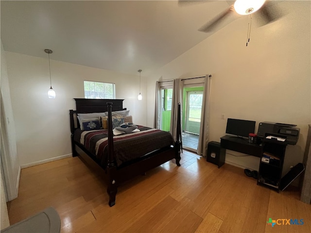 bedroom with access to outside, lofted ceiling, ceiling fan, and light wood-type flooring