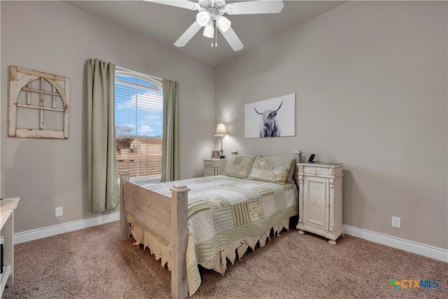 bedroom with light carpet, a ceiling fan, and baseboards