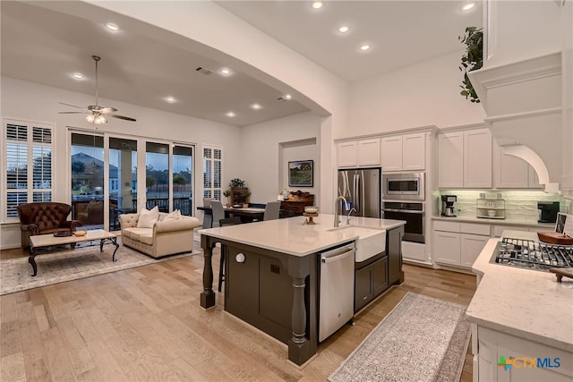 108 Rainbow Valley Trl, San Marcos, TX 78666 - kitchen with appliances with stainless steel finishes, a sink, recessed lighting, white cabinetry, and light wood finished floors