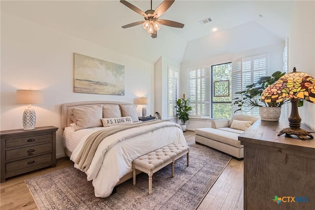 108 Rainbow Valley Trl, San Marcos, TX 78666 - bedroom featuring light wood finished floors, ceiling fan, and high vaulted ceiling