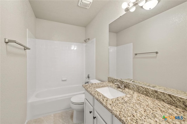 bathroom featuring toilet, shower / bath combination, visible vents, and vanity