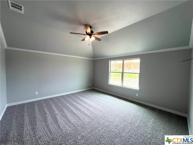 3827 Leming Ct, Temple, TX 76504 - carpeted empty room featuring vaulted ceiling, a ceiling fan, baseboards, and ornamental molding