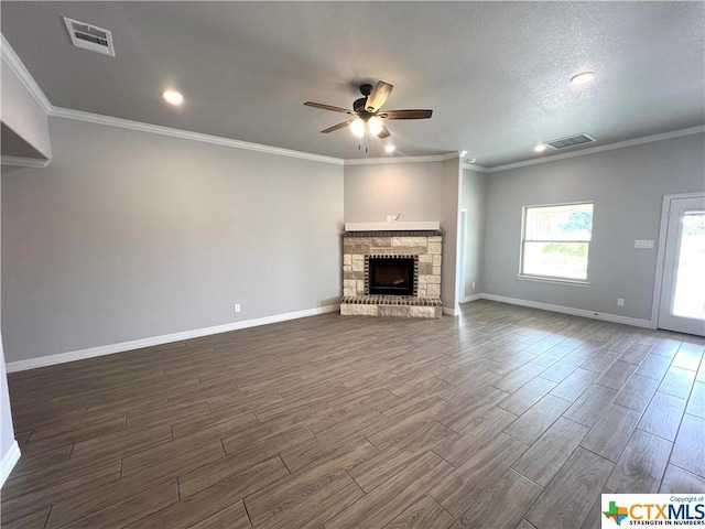 3827 Leming Ct, Temple, TX 76504 - unfurnished living room featuring a ceiling fan, dark wood-style flooring, baseboards, a fireplace, and recessed lighting