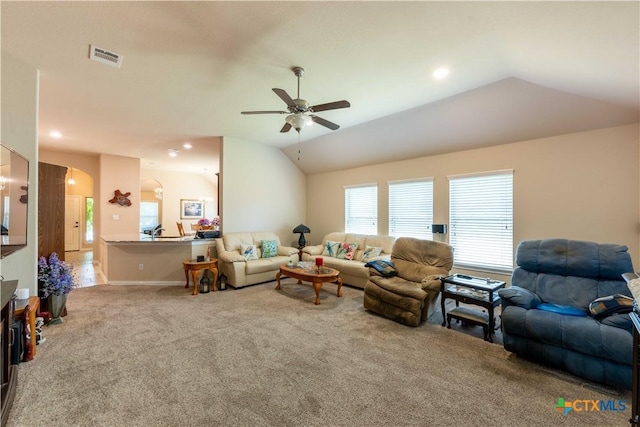 living room with carpet, ceiling fan, vaulted ceiling, recessed lighting, and baseboards