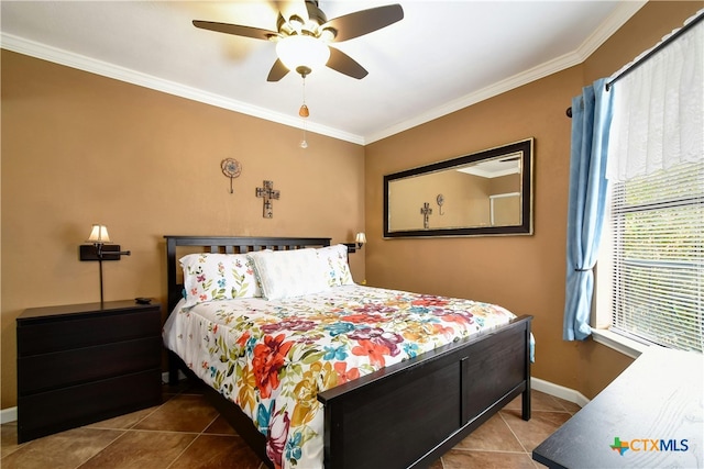 tiled bedroom featuring ceiling fan and crown molding