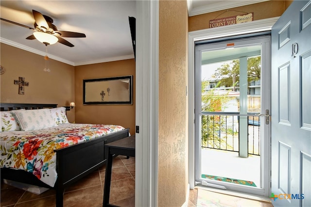 tiled bedroom featuring ceiling fan and crown molding