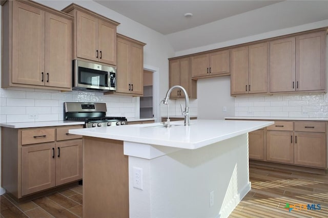 kitchen featuring wood finish floors, appliances with stainless steel finishes, a kitchen island with sink, and a sink