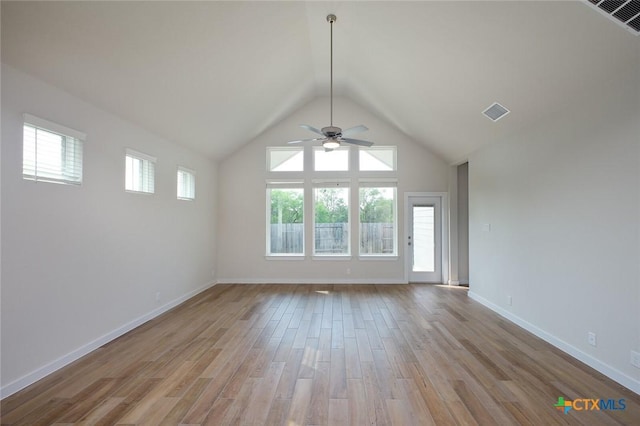 unfurnished living room with ceiling fan, a wealth of natural light, visible vents, and light wood-type flooring