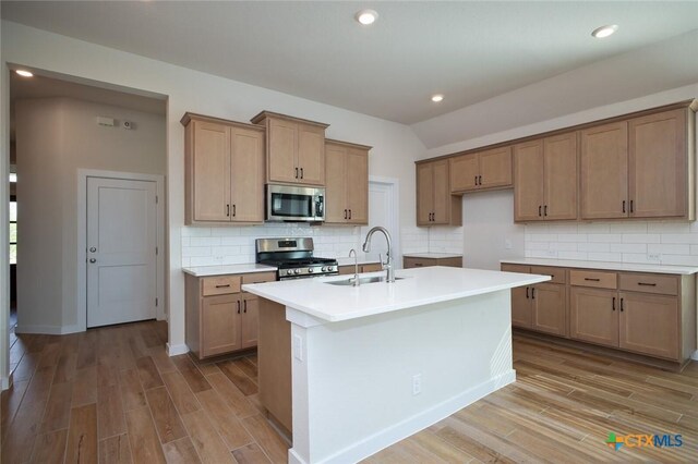 kitchen featuring wood finished floors, appliances with stainless steel finishes, a center island with sink, and a sink