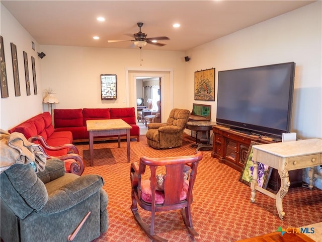 carpeted living room featuring recessed lighting and a ceiling fan