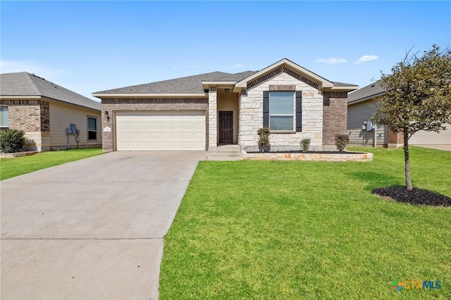 ranch-style home with driveway, stone siding, an attached garage, a front yard, and brick siding