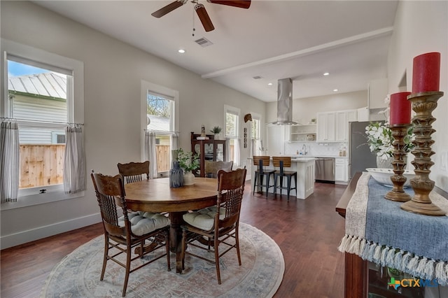 dining area with a wealth of natural light, dark hardwood / wood-style floors, and ceiling fan