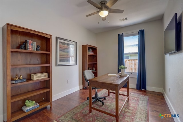 office area featuring dark hardwood / wood-style flooring and ceiling fan