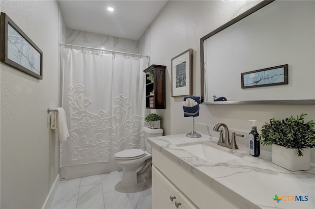 full bathroom with vanity, toilet, and shower / tub combo with curtain