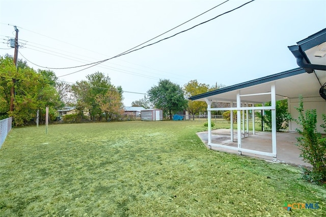 view of yard with a patio area and a shed