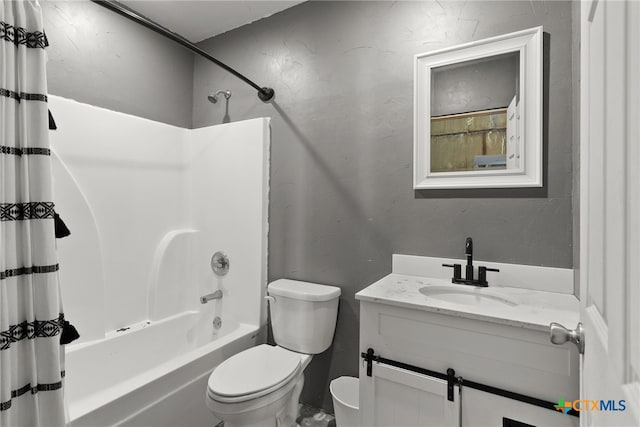 full bathroom with vanity, shower / bath combination with curtain, and toilet