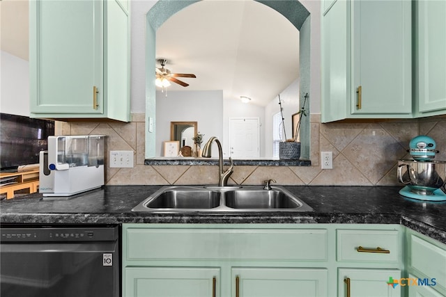 kitchen featuring black dishwasher, ceiling fan, green cabinets, and sink