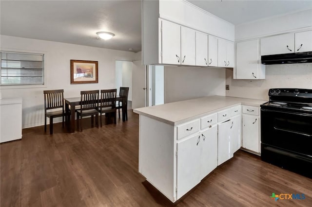 2307 E Airline Rd, Victoria, TX 77901 - kitchen featuring black range with electric stovetop, under cabinet range hood, light countertops, and dark wood finished floors