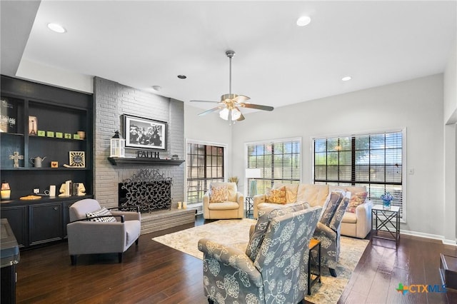 504 Masters Dr, Victoria, TX 77904 - living room with healthy amount of natural light, ceiling fan, a fireplace, wood-type flooring, and recessed lighting