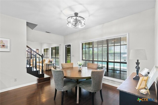504 Masters Dr, Victoria, TX 77904 - dining area featuring stairway and dark wood-style flooring