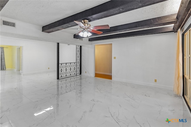 unfurnished room with ceiling fan, beamed ceiling, and a textured ceiling