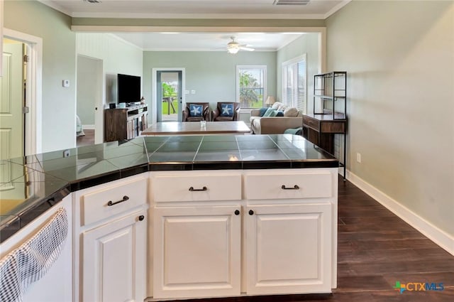11 Enchanted Ln, Port Lavaca, TX 77979 - kitchen with open floor plan, ornamental molding, dark wood finished floors, tile countertops, and white cabinets