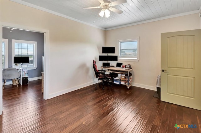 11 Enchanted Ln, Port Lavaca, TX 77979 - home office featuring ceiling fan, healthy amount of natural light, hardwood / wood-style floors, and ornamental molding