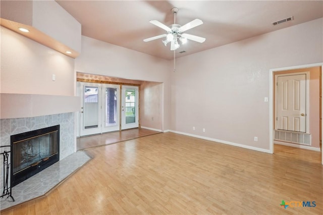 4803 Chad Dr, Killeen, TX 76542 - unfurnished living room featuring visible vents, a ceiling fan, baseboards, and wood finished floors