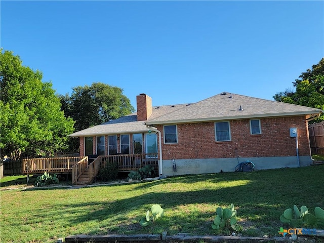 1309 Hawk Trl, Copperas Cove, TX 76522 - rear view of house with brick siding, a chimney, a deck, and a shingled roof