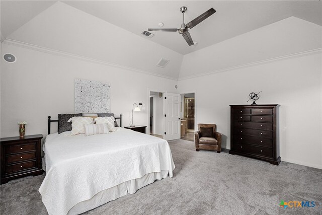 bedroom featuring ceiling fan, light carpet, and vaulted ceiling