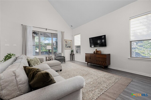 living room featuring dark hardwood / wood-style flooring and high vaulted ceiling