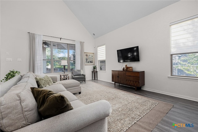 living room with dark hardwood / wood-style flooring and high vaulted ceiling