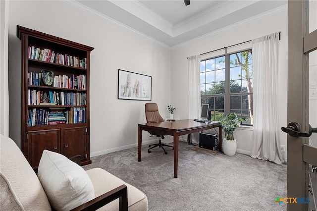 office area featuring light colored carpet, a raised ceiling, and ornamental molding