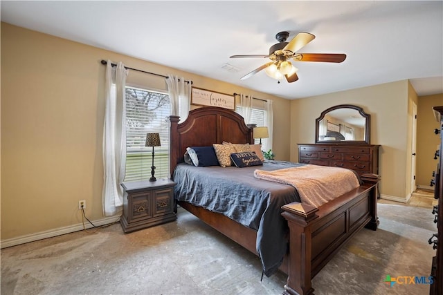 bedroom featuring concrete flooring, multiple windows, visible vents, and baseboards