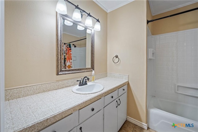 full bathroom with shower / tub combo, crown molding, vanity, and tile patterned floors