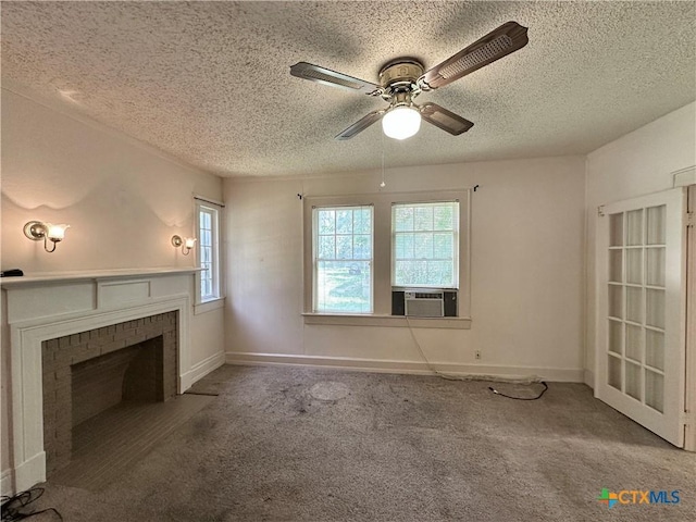 1015 N 3rd St, Temple, TX 76501 - unfurnished living room featuring a textured ceiling, cooling unit, ceiling fan, carpet flooring, and a fireplace