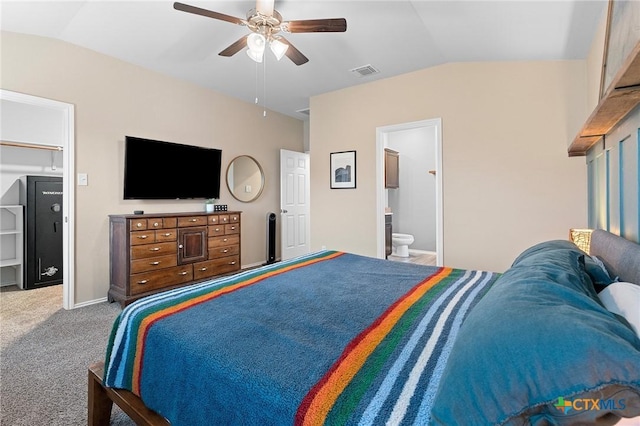 2512 Corradino St, Harker Heights, TX 76548 - bedroom with lofted ceiling, carpet floors, connected bathroom, a ceiling fan, and baseboards