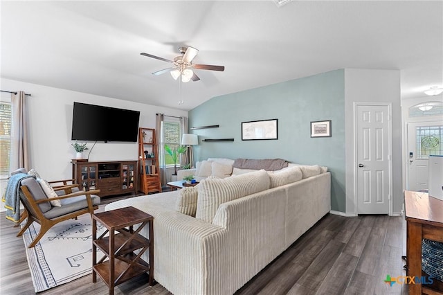 2512 Corradino St, Harker Heights, TX 76548 - living room with ceiling fan, dark wood-style floors, plenty of natural light, and lofted ceiling