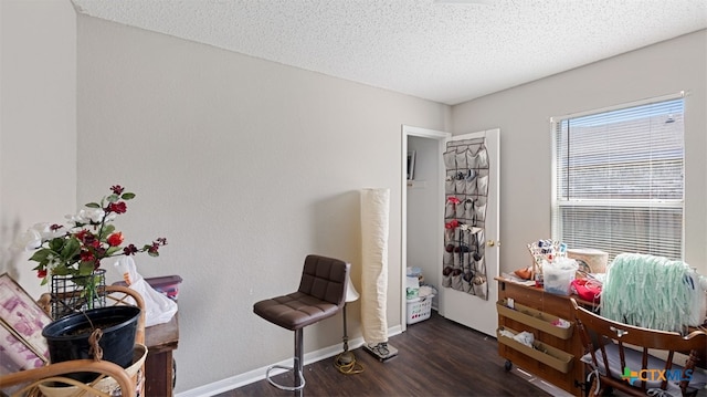 sitting room with baseboards, wood finished floors, and a textured ceiling