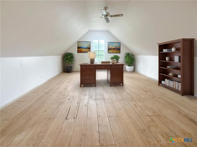 307 N Pecan St, Moulton, TX 77975 - office area with ceiling fan, vaulted ceiling, and light wood-style floors