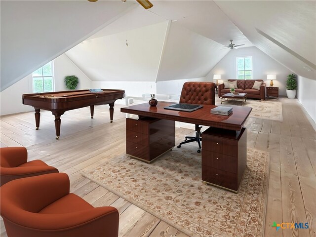 307 N Pecan St, Moulton, TX 77975 - office space featuring pool table, ceiling fan, lofted ceiling, and light wood-style floors