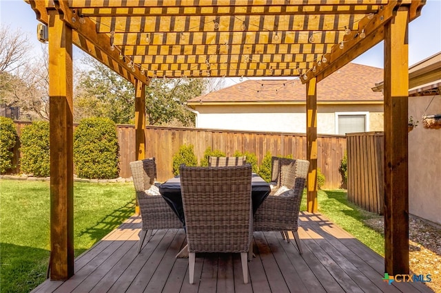 wooden deck featuring outdoor dining area, a yard, a fenced backyard, and a pergola