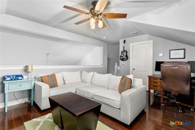 living room with vaulted ceiling, visible vents, ceiling fan, and wood finished floors