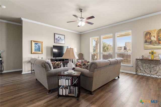 living room featuring ceiling fan, dark hardwood / wood-style floors, and ornamental molding