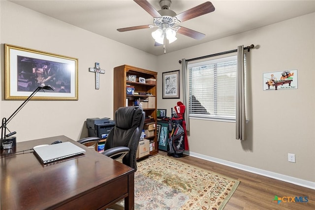 office area featuring hardwood / wood-style floors and ceiling fan