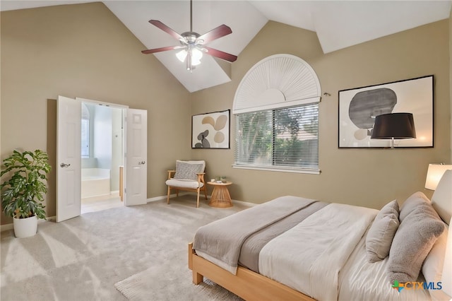 453 Raven Rdg, New Braunfels, TX 78130 - bedroom featuring high vaulted ceiling, carpet floors, baseboards, connected bathroom, and a ceiling fan