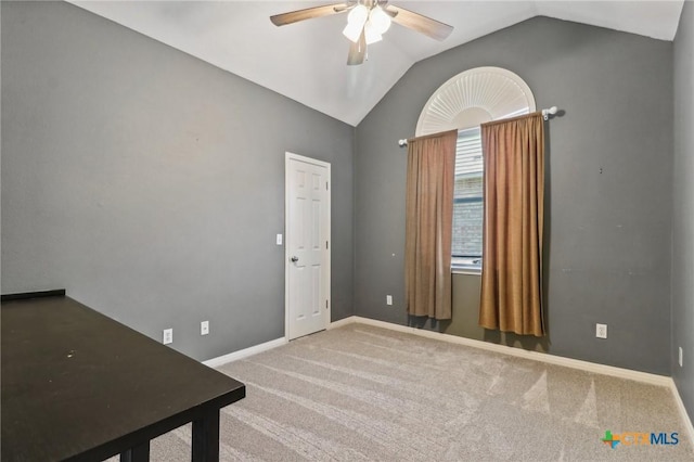 453 Raven Rdg, New Braunfels, TX 78130 - unfurnished room featuring vaulted ceiling, a ceiling fan, carpet floors, and baseboards